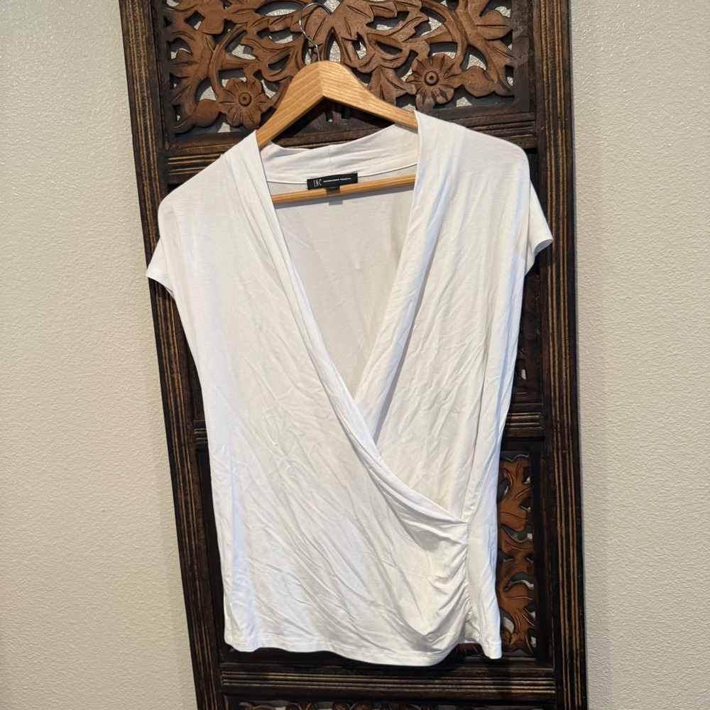 INC International Concepts White Surplice Cap-Sleeve Top